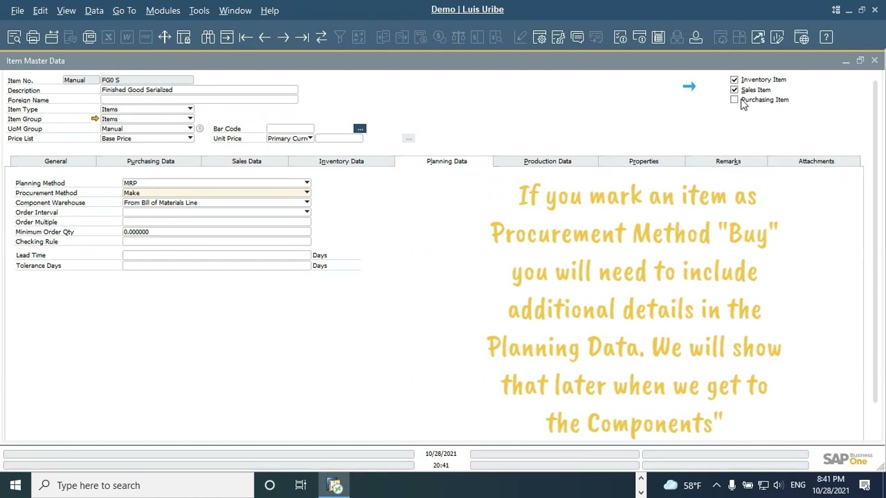 Item Master - Manufacturing - SAP Business One