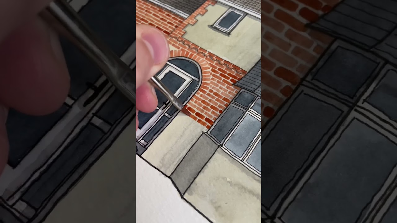 Watercolour Brick Painting Tutorial 🌿🏡 House Portrait ☀️ #architecture #art #short #satisfying