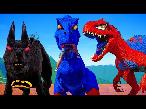 Batman Raptor vs Spiderman vs Superman vs I-REX, T-REX - Jurassic World Evolution Dino Fighting