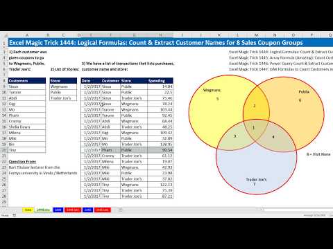 Excel Magic Trick 1444 Logical Formulas Count Extract Customer Names for 8 Sales Coupon Groups