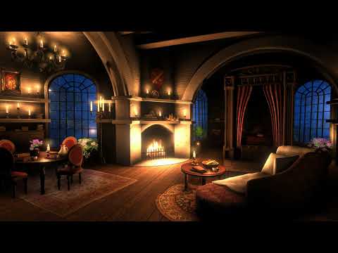 Castle, Cozy Room with Rain, Fireplace & Thunderstorm Sounds for 12 hours.