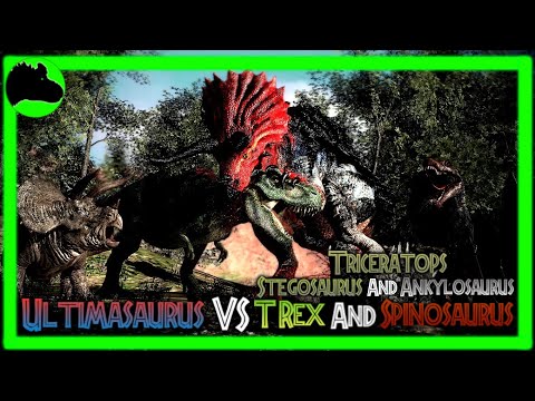 [GMod] Ultimasaurus VS. Trike, Ankylo, Stego, T-Rex & Spinosaurus | Jurassic World | Animation