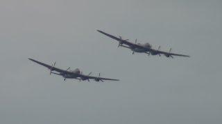 preview picture of video 'Avro Lancasters FM213 and PA474 arrive at RAF Waddington 21st August 2014'