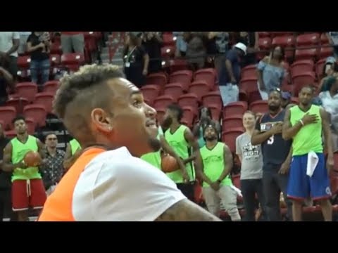 Chris Brown impressed by Wanya singing the National Anthem at Charity Basketball Game