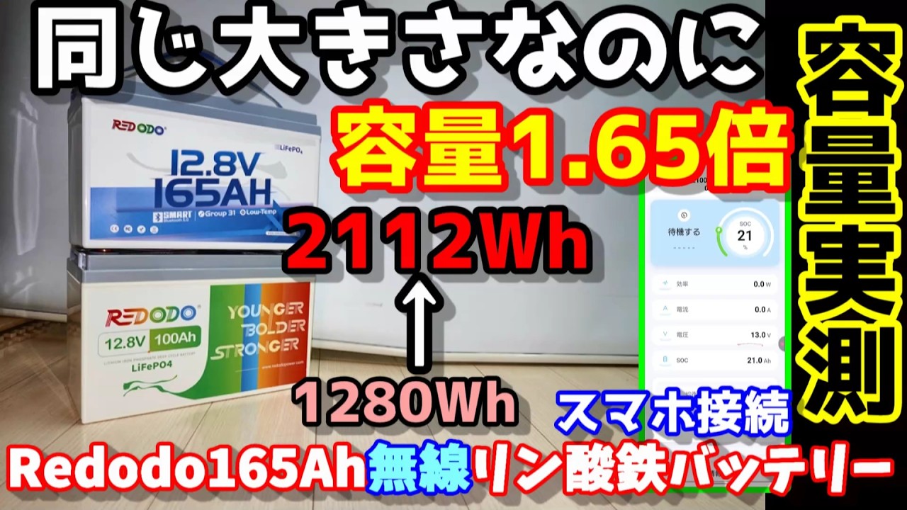 【小型化！】同じ大きさで容量＆出力1.65倍のリン酸鉄バッテリー、果たして実力は？実容量＆出力を測定　昔の100Aｈモデルと現物比較　スマホ操作た低温保護機能も搭載RedodoBTバッテリー165Ah