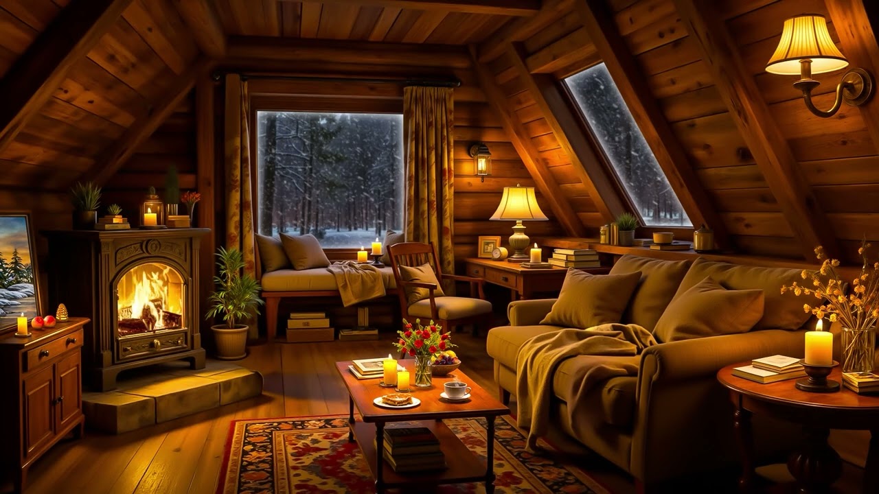 ❄ Cozy Winter Hut Ambience with Relaxing Jazz, Blizzard, Fireplace Sounds & White Noise for Sleeping