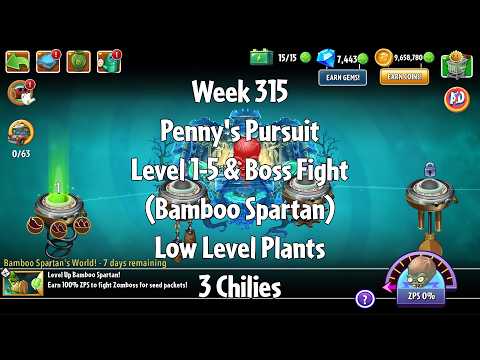 PvZ2 Penny's Pursuit Week 315 (Bamboo Spartan) - Level 1-5 & Boss Fight - 3 Chilies
