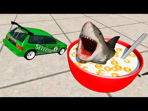 BeamNG.drive - Cars Jumping Over Giant Cereal Bowl with Shark