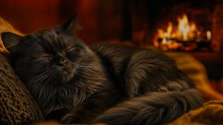 Black Cat Purring by the Roaring Fireplace😸Hypnotic Healing Sounds for Instant Deep Sleep Therapy