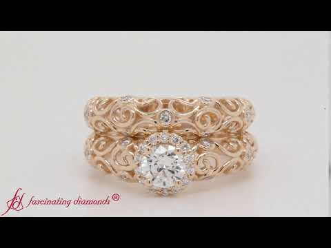 Dome Filigree Halo Vintage Wedding Ring Set In Yellow Gold-FD1199R