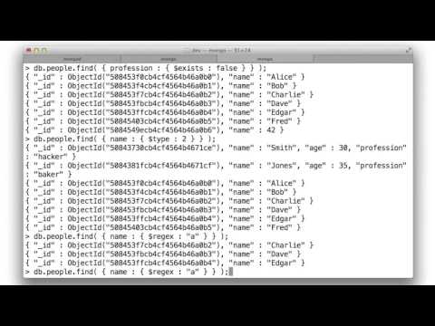 m101 18 using regexes, $exists, $type