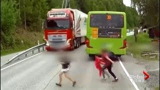 Incredible near miss of child as truck driver slams on brakes