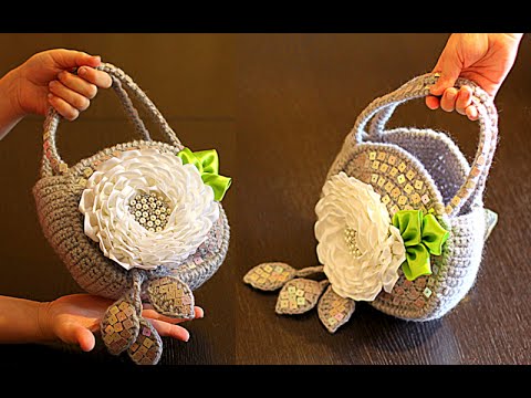 Вязаная сумка с цветком из лент Канзаши Мастер - Класс