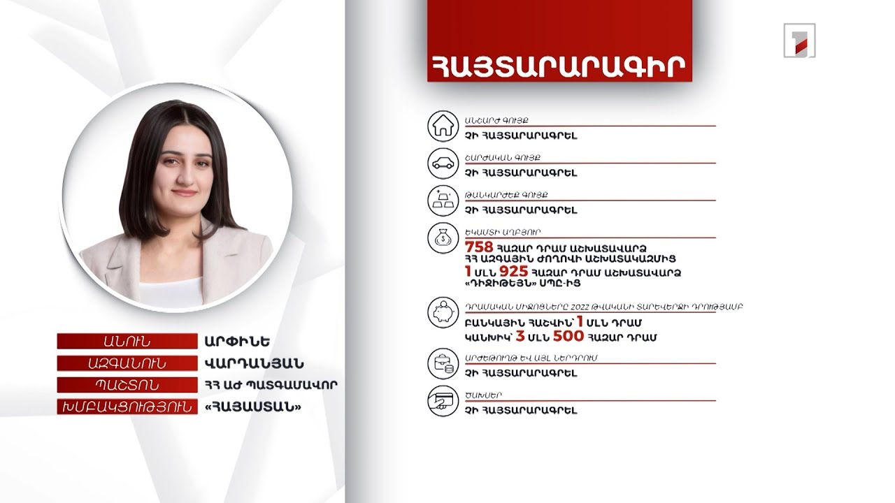 1 մլն դրամ բանկային հաշվին, 3.5 մլն դրամ կանխիկ. ՀՀ ԱԺ պատգամավոր Արփինե Վարդանյանի հայտարարագիրը