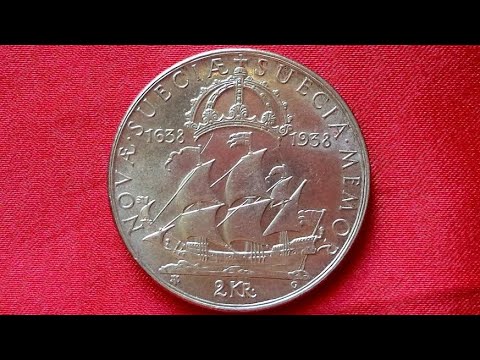 Sweden SILVER 2 KRONOR 1938 Gustaf V - 300th Anniversary - Settlement of Delaware