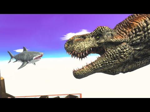 Carnivores Neighbors 3.0 Go Down the Ramp and Attack Baby Megalodon - Animal Revolt Battle Simulator