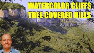 Watercolor cliffs and tree covered hills. Atmospheric landscape tips. Masses of trees in watercolour