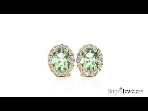 H031612 GRAM YG | Oval Shape Green Amethyst and Halo Diamond Stud Earrings In 10 Karat Yellow Gold