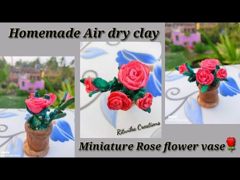 How to made air dry clay miniature rose flowervase|homemade clay flower pot|diy|clay art home decor|