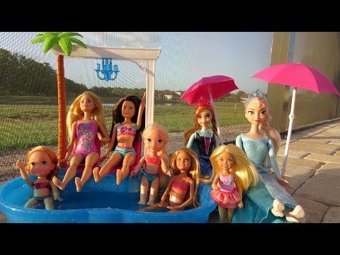 POOL Fun ! Ice Prank - Elsa & Anna toddlers - Barbie's New Car - Swimming - Splash - Water - Slide