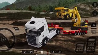 Car truck with long trailer transport excavator and dump truck trains port land.