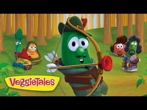 Central green VeggieTales cucumber archer wearing a hat, drawing a bow in a forest while friends watch in the background.