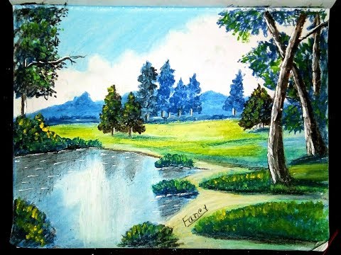 Pond Scenery Drawing for Beginners with oil pastel - step by step 🎨---🎨---🎨 Video