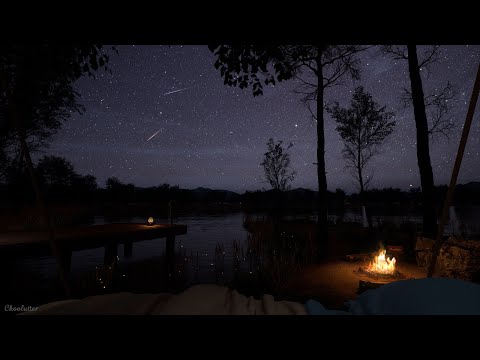 Camping Ambience On A Quiet Night With A Comet Falling | Crackling Fire, Crickets, Water Sounds