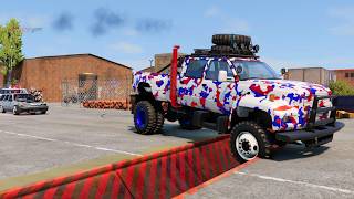 Trucks cars and bus Vs speed bumps large gutter  mega jump and large rotating hammers BeamNG part 8