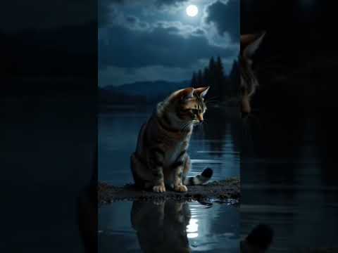 "Cat Talks to Its Reflection by the River | Magical Moonlight Moment!"