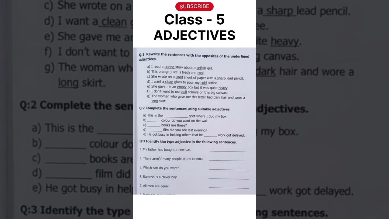Adjectives Worksheet For Class 5 #adjectives #englishgrammar #shorts #englishworksheet