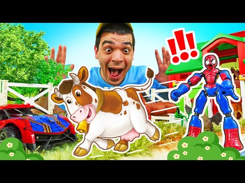 La mucca sta scappando da Helpman e Spiderman giocattolo! Giochi per bambini nella fattoria