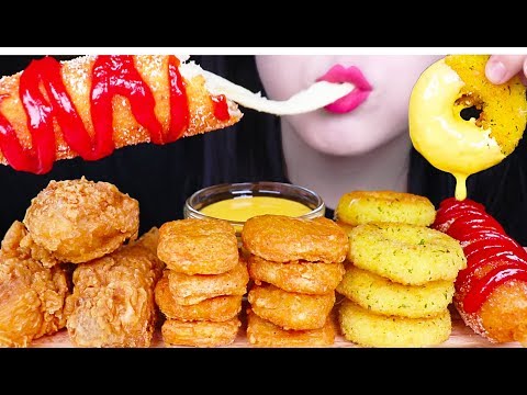 MOST POPULAR FOOD FOR ASMR *CHEESY CORN DOG, CHICKEN NUGGETS, FRIED CHICKEN, CHEESE RINGS Video