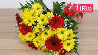 Video Buchet de crizanteme galbene si gerbera rosii