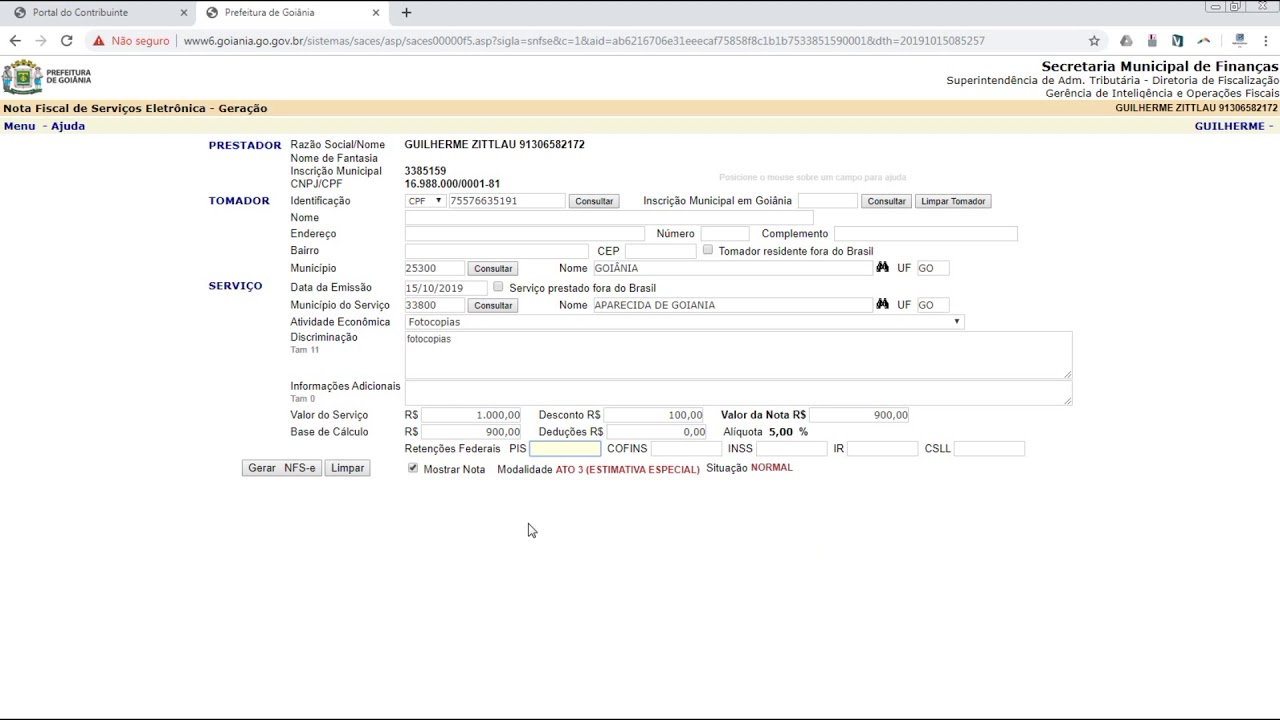 EMISSÃO DE NFS-e Goiânia