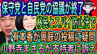 【日本保守党】と自民党の協議が終了！移民とスパイ防止法で危機感共有／小野寺まさるが支持者に訴え／有本香が周庭の投稿に疑問