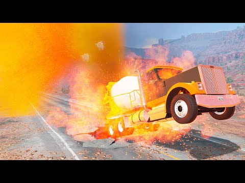 Police Cars Chase Robber and Crash Lava Gas in Road - Truck Cars vs Lava Erupting Pit - BeamNG OMDs