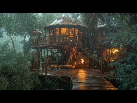 Tropical Treehouse Hideaway: Thunder, Fire & Forest Serenity 🌧️ | Feel the Calm of Nature 🌿