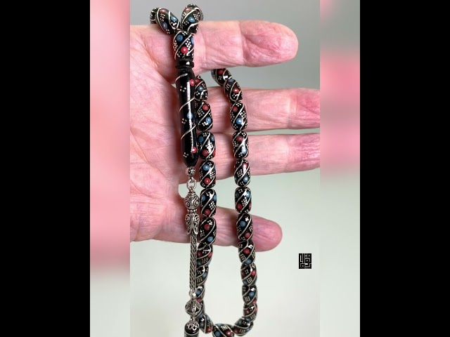 قوافل سبحة من الحجر الأحفوري اولتو مشغولة بالفضة فيروز مرجان Olt0010