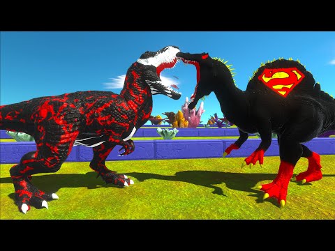 CARNAGE T-REX vs DARK T-REX vs DARK SUPERMAN SPINOSAURUS DEATH RUN - Animal Revolt Battle Simulator