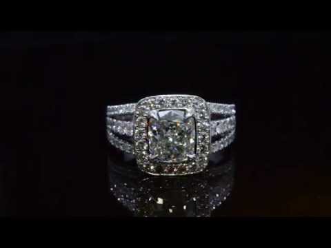 Allure Cushion Cut Halo Diamond Engagement Ring Split Shank, Designed by King of Jewelry Inc.