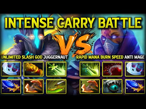 INTENSE CARRY BATTLE | UNLIMITED SLASH GOD JUGGERNAUT VS. RAPID MANA BURN SPEED ANTI MAGE DOTA 2