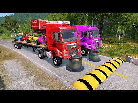Double Flatbed Trailer Truck vs Speedbumps Train vs Cars Beamng.Drive