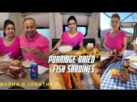 Outdoor Khmer Breakfast RV Backyard - Porridge - Dried Fish - Pork Belly - Sardines