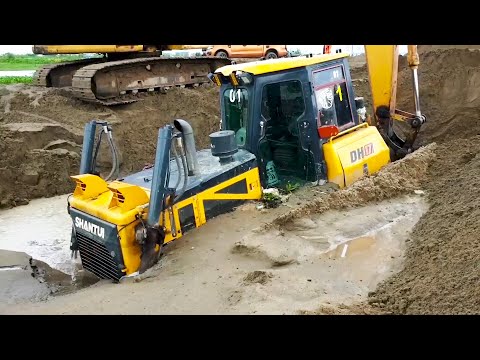 SUPER SKILLFUL RECOVERY 😲 Bulldozer Stuck in Deep Mud Rescued by Excavator & Dozer
