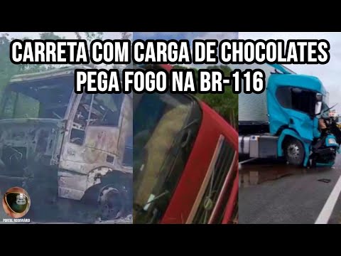 Carreta com carga de chocolates pega fogo e fica destruída na BR 116, no trecho de Jaguaquara, BA
