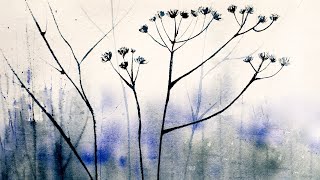 painting of dandelion flowers in a blue landscape . watercolor painting