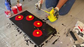 CLASSIC DIPTYCH acrylic fluid art: Part 1- FIERY bloom on a BLACK base!! GORGEOUS colour palette! ❤️