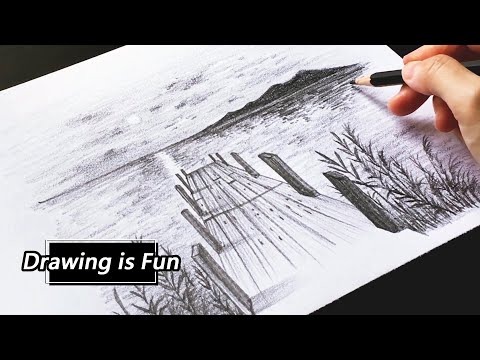#59 速寫風景 / 鉛筆素描 / 畫夕陽 / 畫湖景