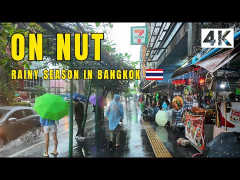 [4K] Rain Walk in On Nut, Bangkok 🇹🇭 Walking Tour (ASMR Rain Sounds)